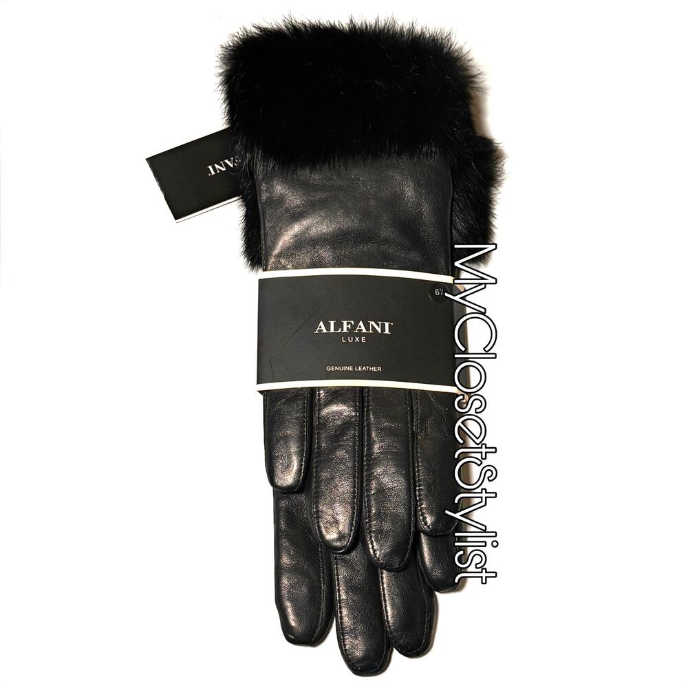 NWT Cashmere Lined Fur Trim Leather Gloves ALFANI LUXE Black! 6.5 LUXURY LINE